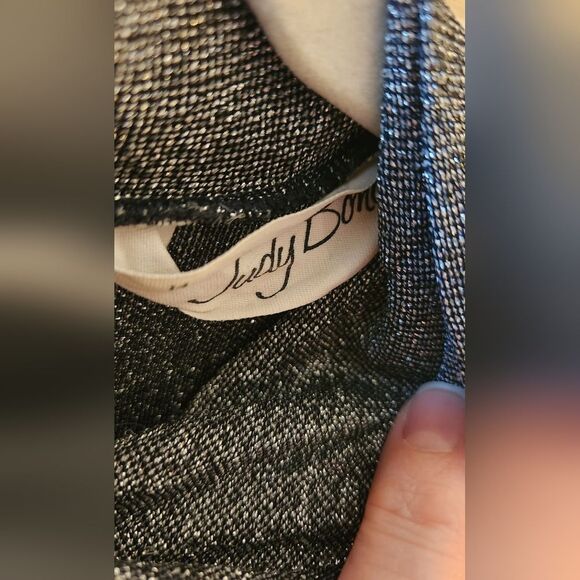 Vintage Mid Century Modern Blouse Black Silver Metallic Glitter Balloon Sleeve L - Picture 7 of 8